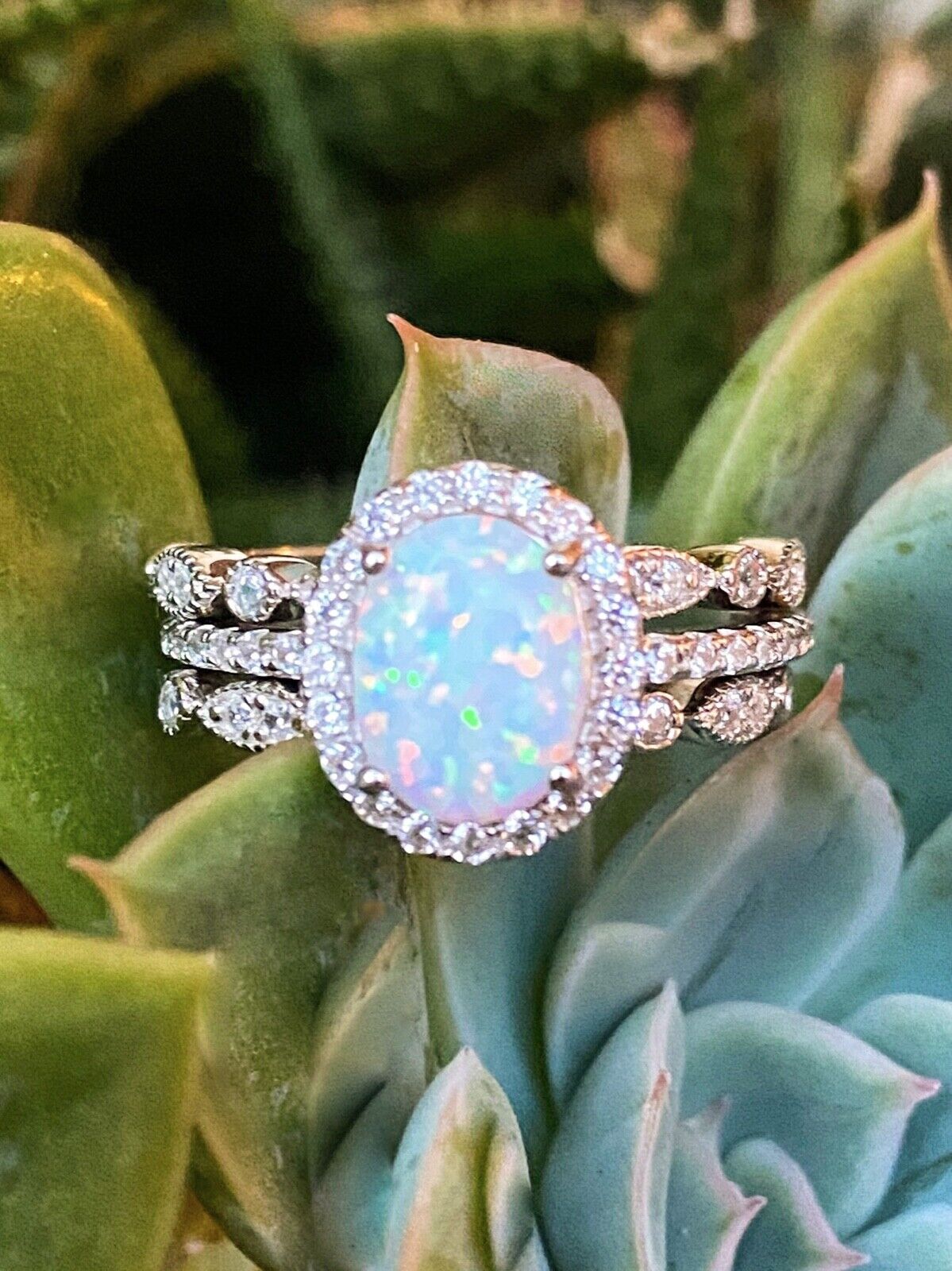 Opal Ring Set Engagement rings White Opal ring Halo ring Fire Opal Opal jewelry