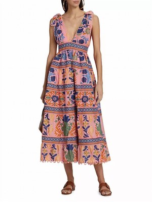 Pre-owned Farm Rio Seashell Tapestry Midi Dress Seashell Tapestry Pink In Multi - Size Xl