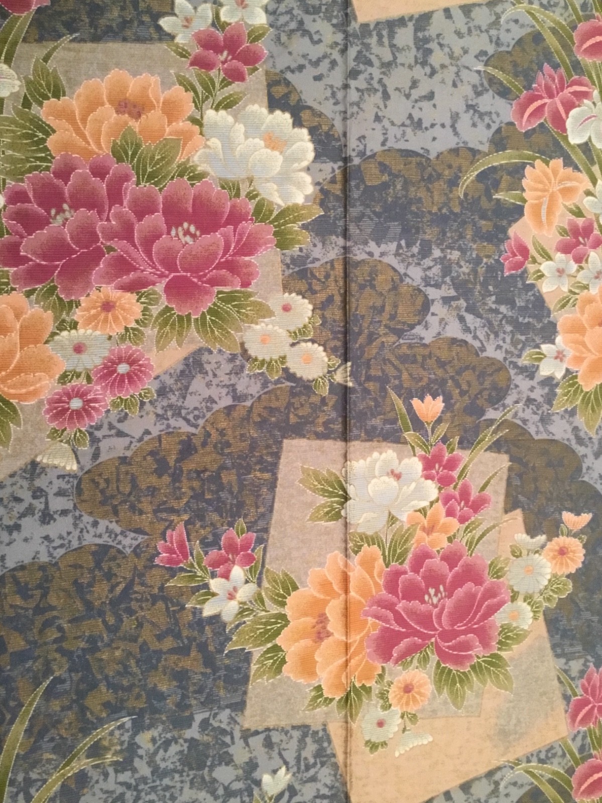 Vtg Fabric Cotton Polished Soft Floral Peony Peach Pink Steel Blue 3yd 30” X 39