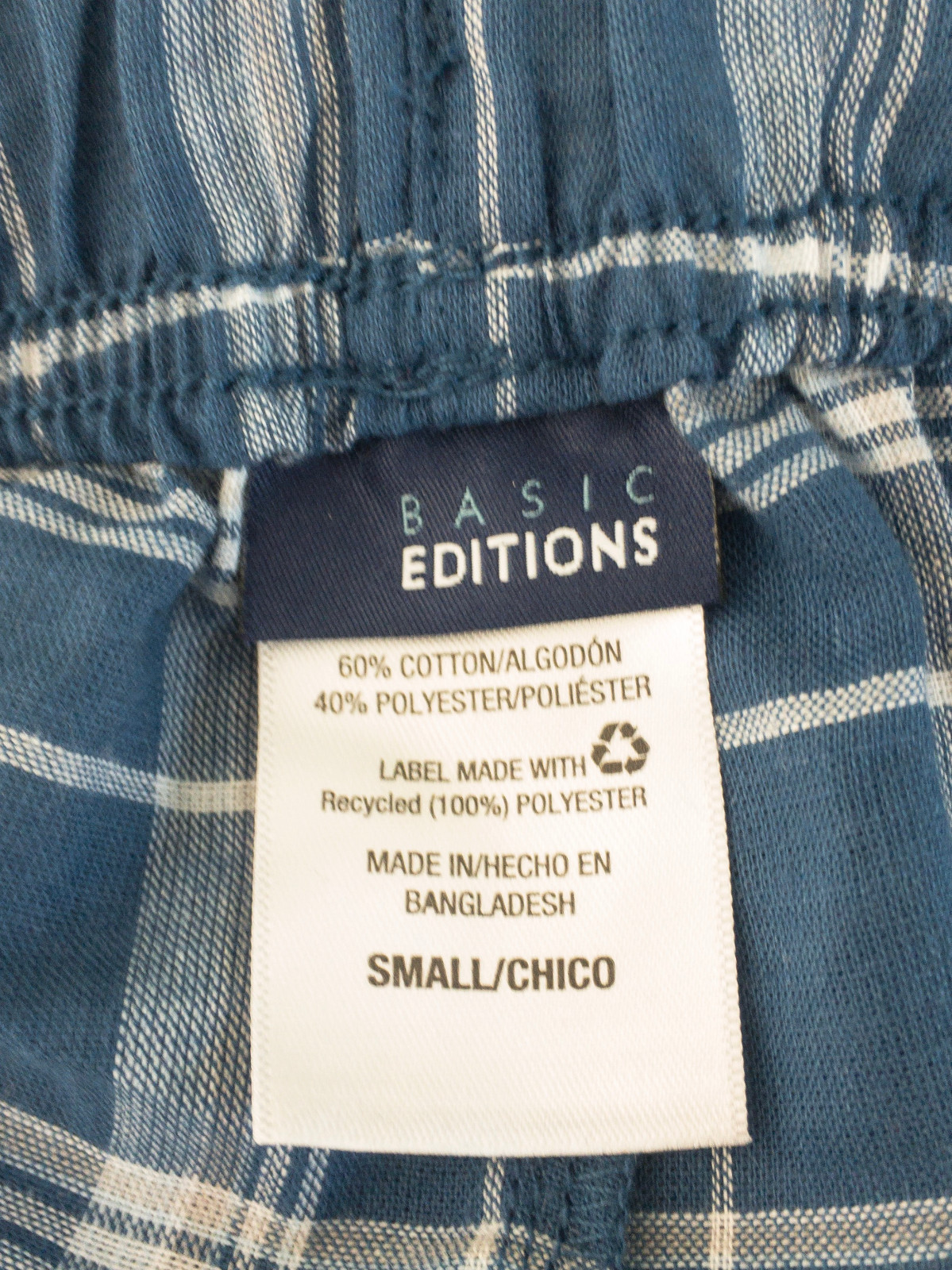 Basic Editions Mens Sleep Shorts Size Small Cotton Blend Blue Plaid Drawstring