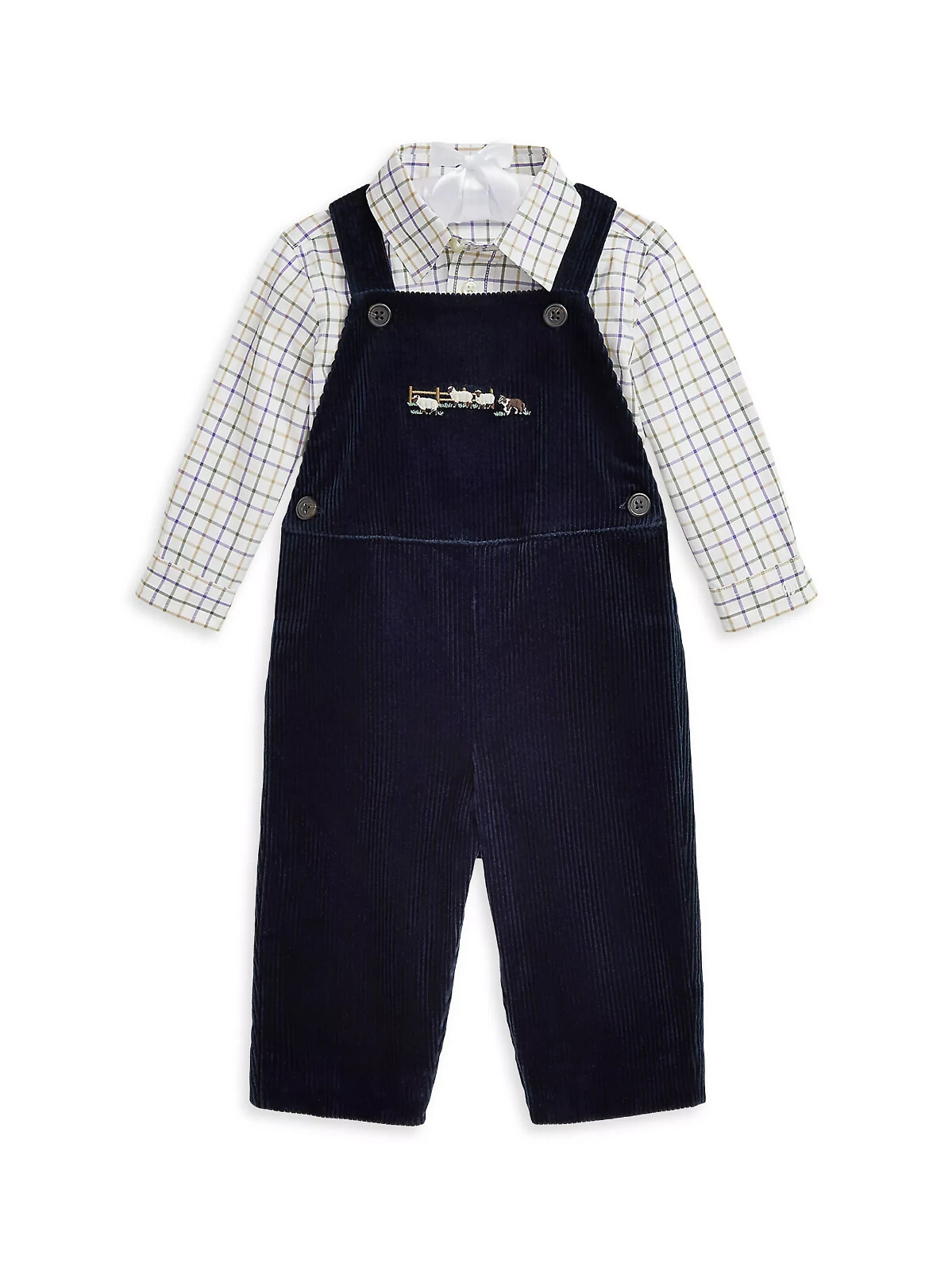 Ralph Lauren 2-Piece Plaid Shirt & Corduroy Overalls Set Baby Boys 12M Navy L/S - Picture 1 of 21