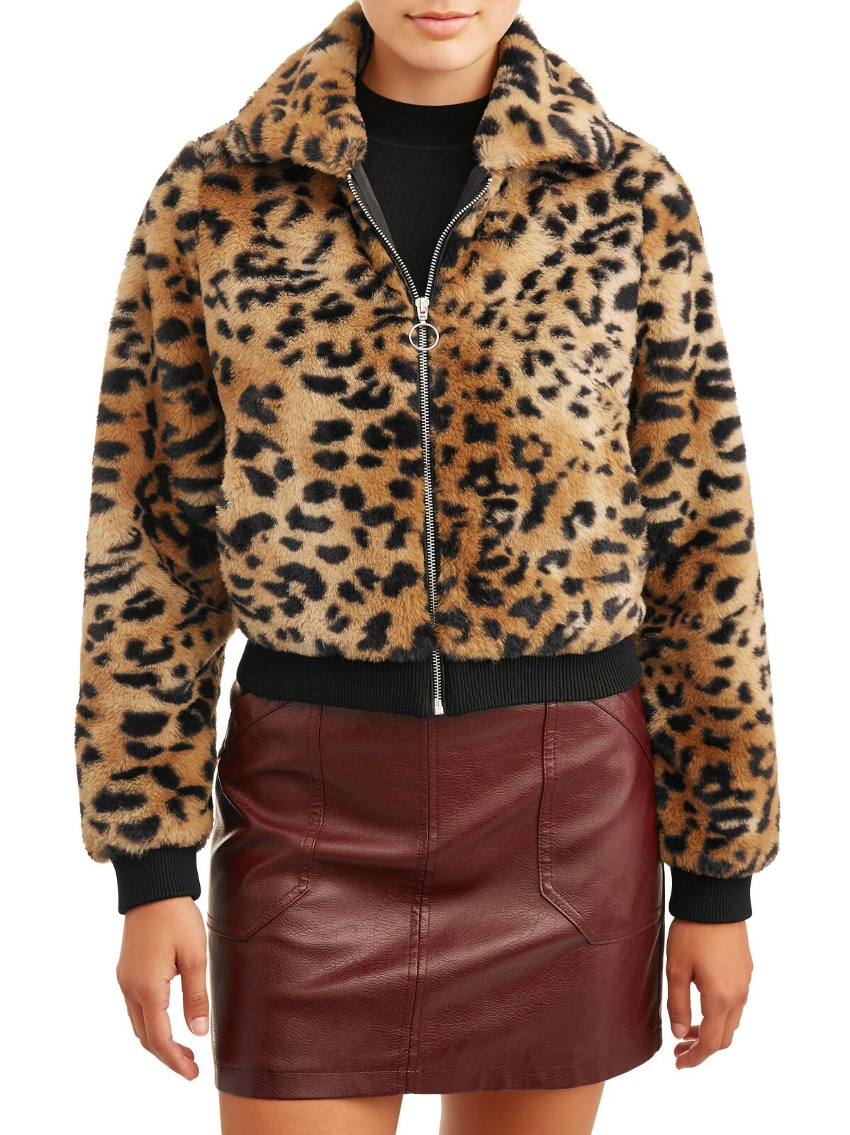 No Boundaries Junior Girls Leopard Print Faux Fur Zip-Up Jacket 3