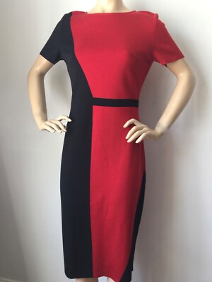 Pre-owned St John Knit Dress Size 4 Black Caviar, Burnt Red Milano Knit Wool Rayon