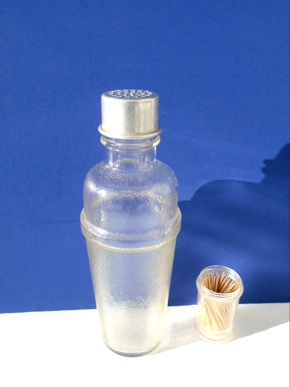 Vintage MOUQUIN Liquor Glass Bottle Shaker MID CENTURY BARWARE Aluminum Strainer