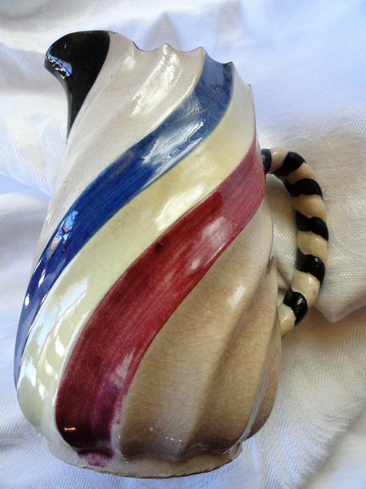 Antique Rare Revelation Stripped Pitcher Made in Japan Scalloped Rim Cream Blue