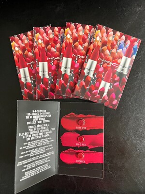 Lot 5x MAC Lipstick Sample Cards Set Ruby Woo, MAC Red, Cockney Pill Sample Size