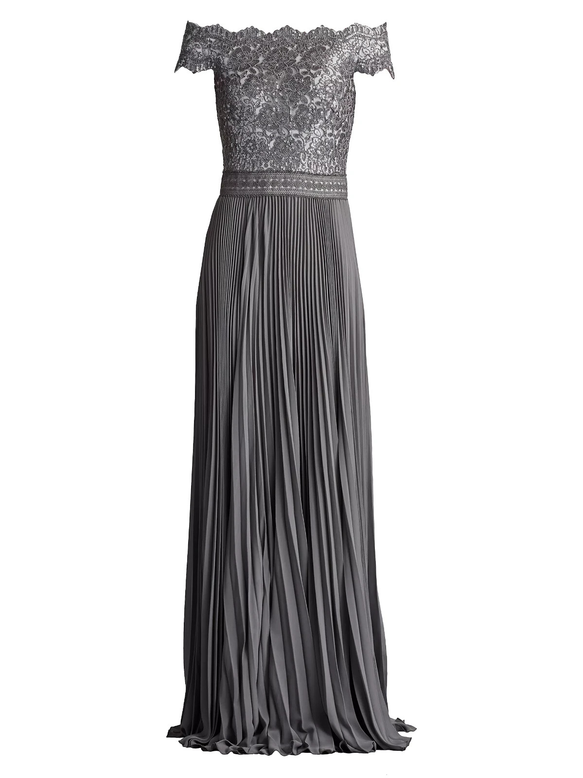 New, Tadashi Shoji Sequin Corded Lace Pleated Chiffon Gown
