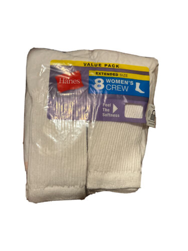 Hanes 8 Pack Pairs Extended Big & Tall Women's CREW White Socks~Shoe Size 8-12..