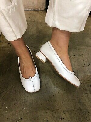 Handmade] Women Leather Tabi Mid Pumps Ballet Shoes Leather Maison In White 