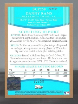 Danny Rams 2008 Bowman Chrome Prospects Gold Refractors AU 23/50 Card# BCP-258