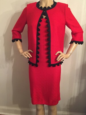 Pre-owned St John Knit Dress Suit Size 8 Red & Navy Hemp Fabric