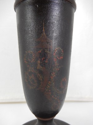 Antique Turned Wood Urn With Old Black Painted Finish & Hand Decorated.