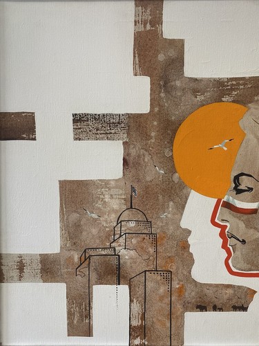 🔥 Vintage Modern Southwest Cowboy & Indian Cubist Oil Painting, ROTHWELL 1970s