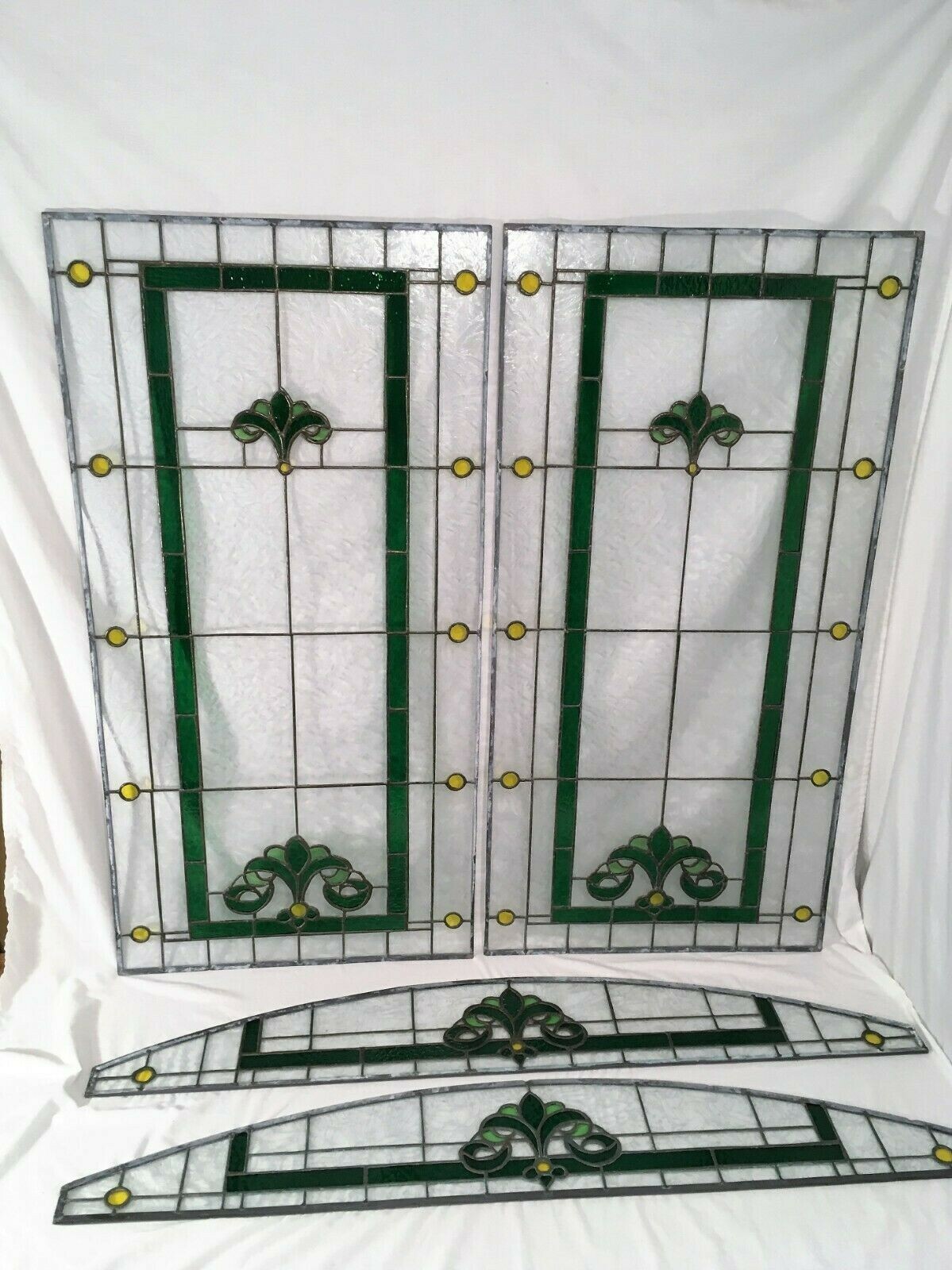 4 VTG Victorian Stained Glass Jeweled Windows Leaded Arts Crafts Panel Transom