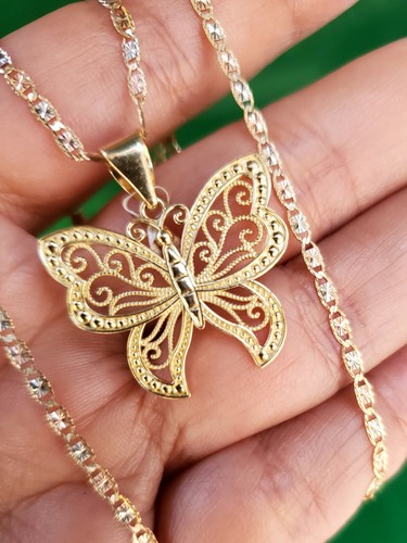 Pre-owned Butterfly 14k Gold  Pendant Charm 2 Mm Chain Necklace Set 20 Inches Long
