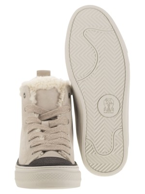 Pre-owned Brunello Cucinelli Suede Trainers With Shearling Lining And Jewelled Toe Cap In White