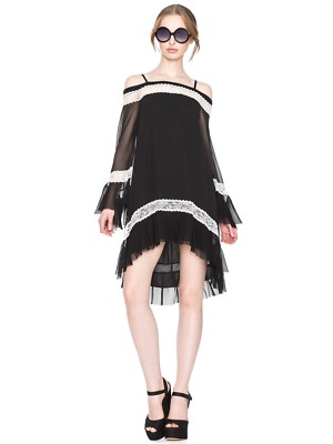 

ALICE + OLIVIA Черное шелковое платье цвета слоновой кости с кружевной отделкой в полоску WILLIE с открытыми плечами  S, Multicolor