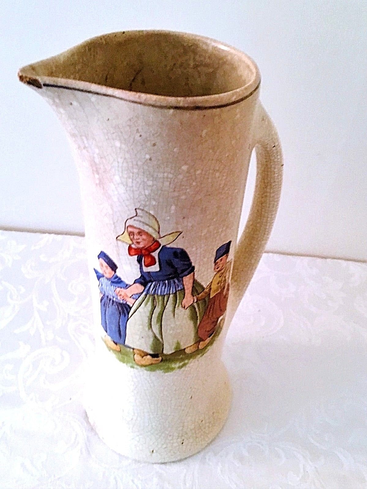 Knowles China Co Large Crackled Pitcher with Six Large Cups Dutch Family Scenes