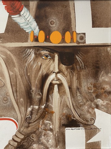 🔥 Vintage Modern Southwest Cowboy & Indian Cubist Oil Painting, ROTHWELL 1970s