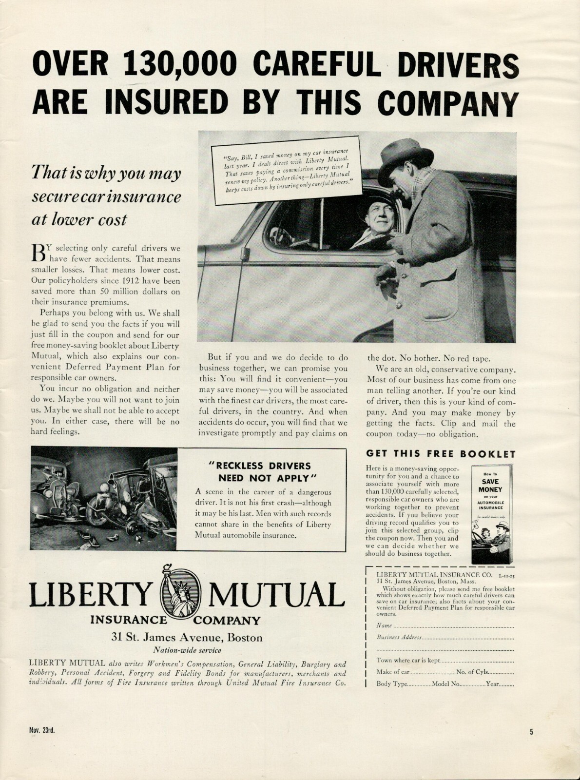 1936 Insurance Liberty Mutual Company Vintage Print Ad Auto Car 