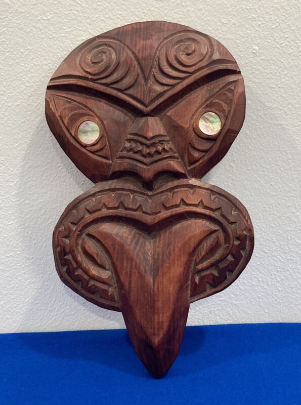 Vintage Hand Carved Wood Abalone Wall Face Tribal Maori MASK Made in New Zealand