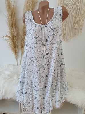 Italy Blumen Kleid Oversize Midi Sommer Tunika Strandkleid Weiß geblümt 44 46