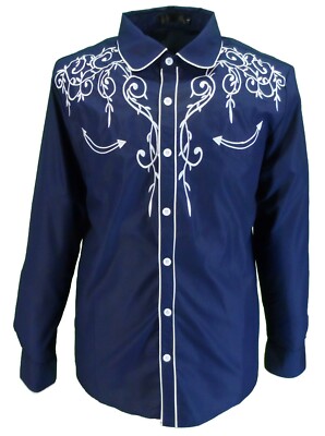 Mazeys Mens Navy Western Cowboy Embroidered Vintage/retro Shirts