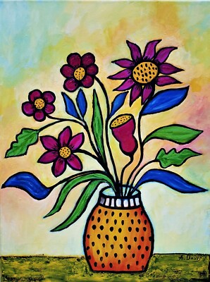 A.Z. Davis 24 x 18'' Painting Modern Still Life Floral Vase Pink Flower Folk Art