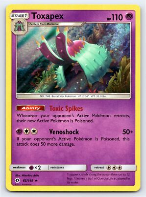 Toxapex 63/149 Holo Rare Sun & Moon Base Set Pokemon Card - NM