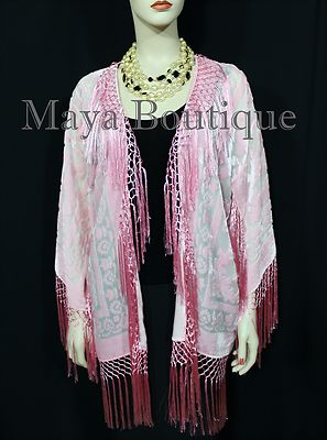 Pre-owned Maya Matazaro Rose Quartz Silk Burnout Velvet Fringe Jacket Short Kimono Us Made