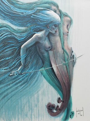 Francis de Saint-Genies Original Hand Signed Lithograph nude Cello-Mermaids art