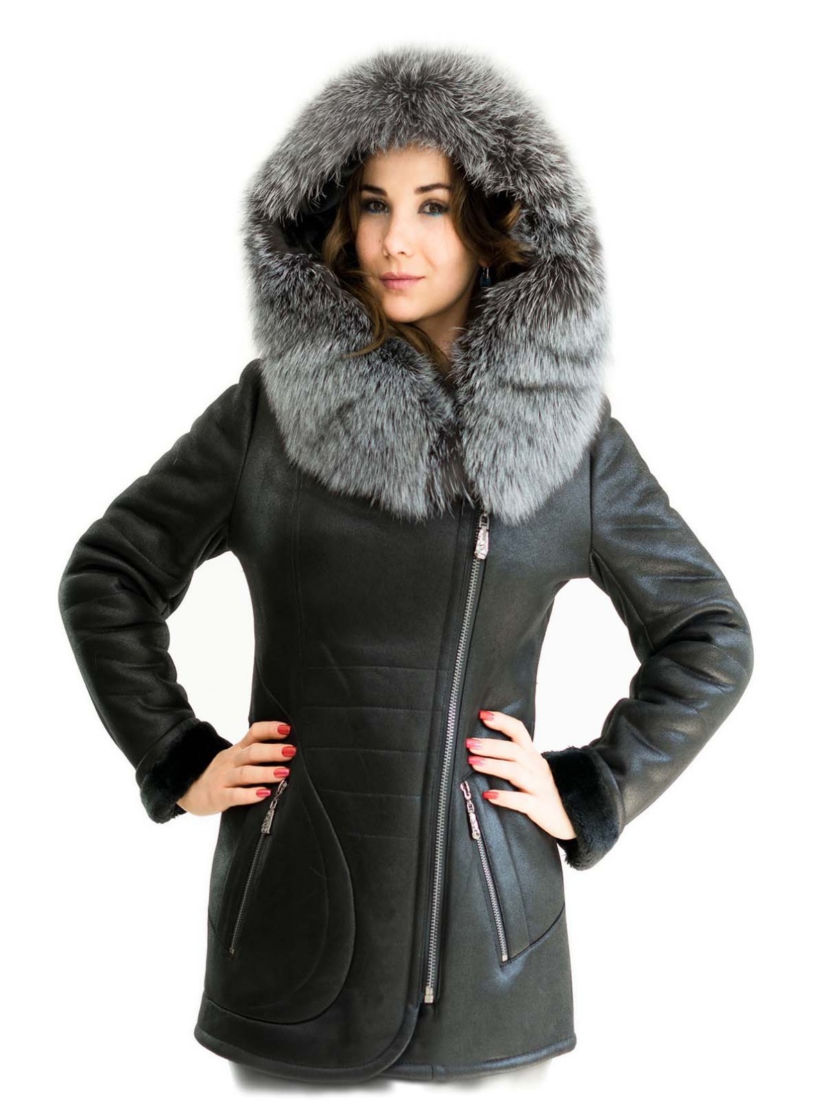 MARKENLOS DAMEN WINTER JACKE PARKA MANTEL PELZ SILBERFUCHS PELZKRAGEN ECHTFELL ECHTPELZ