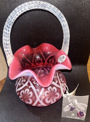 Rare Signed George Fenton, FENTON Cranberry Opal Glass Basket Opal Wrap Handle
