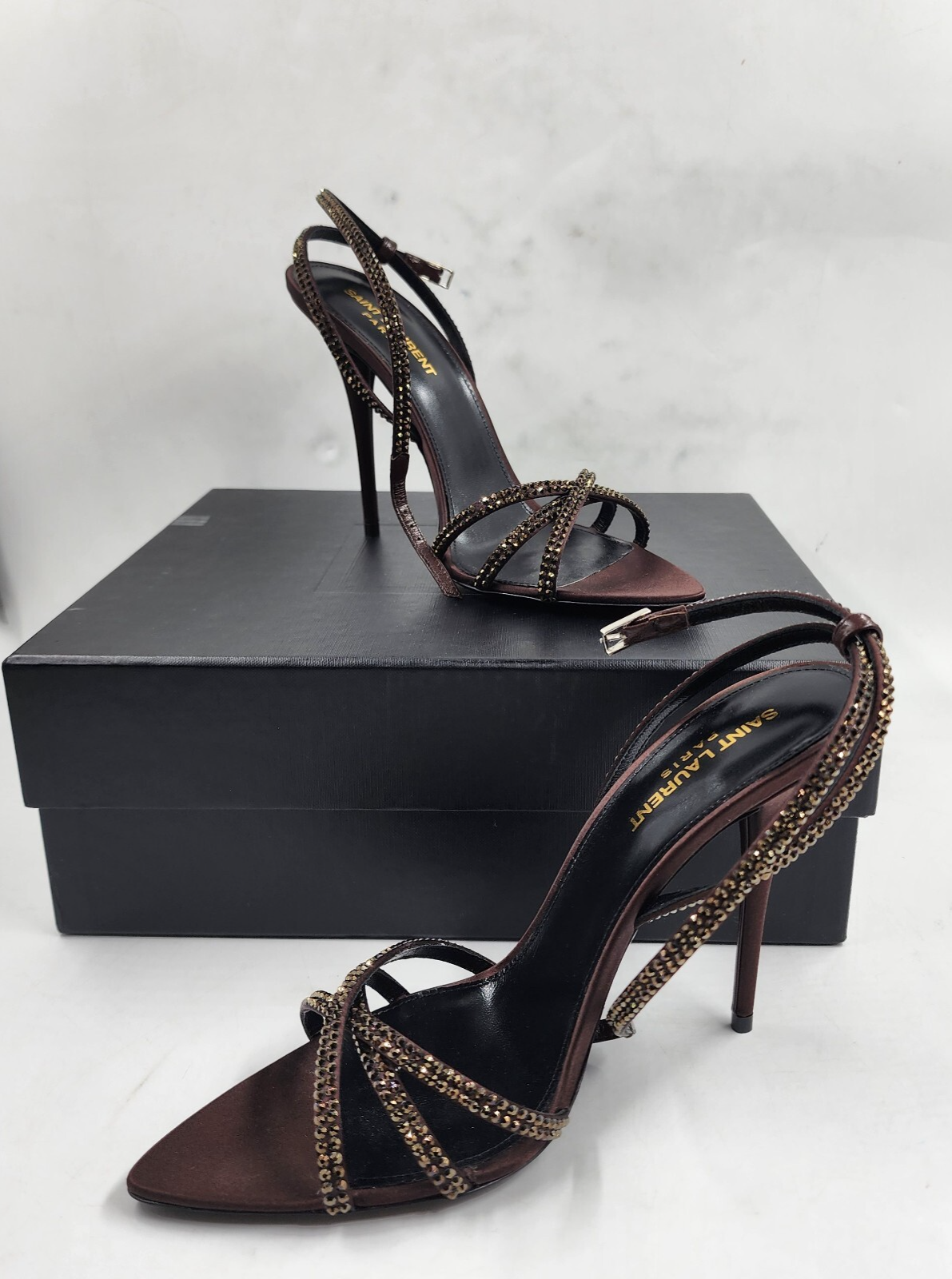 Saint Laurent Ava Embellished High Heel Sandals Women's 39/9 US Chocolate - Picture 2 of 19