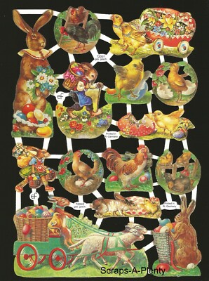 German Embossed Vintage Style Scrap Die Cut  Easter Chicks, Bunny & Eggs EF7205