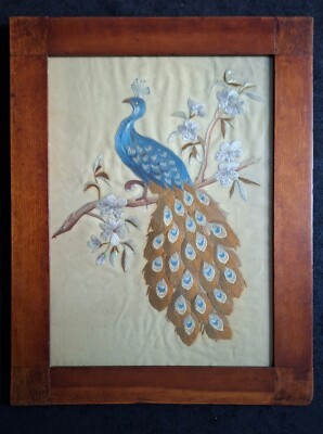 Antique Embroidered Peacock on Silk Framed 17''