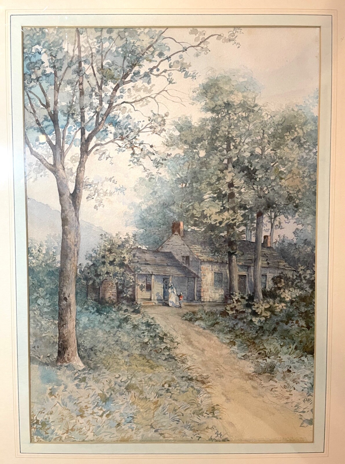antique original landscape home woods realism watercolor painting country art NL