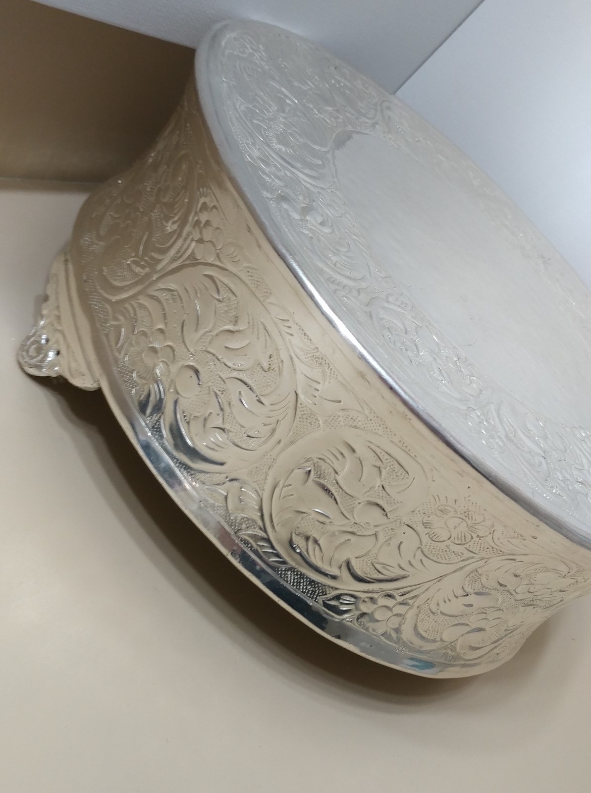Vintage Silver Plated  Round Embossed Cake Stand