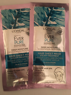 2x Loreal Paris Hair Care EverPure Deep Moisture Hair Sheet Mask Steam Treatment