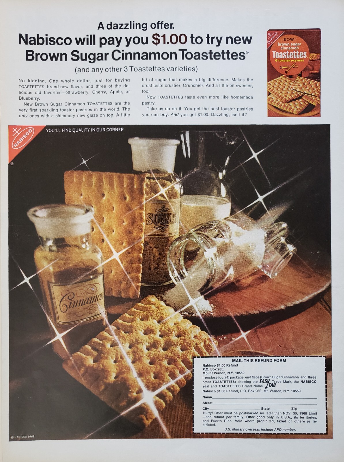 1968 Nabisco Toastettes Brown Sugar Cinnamon 6 Toaster Pastries Print Ad