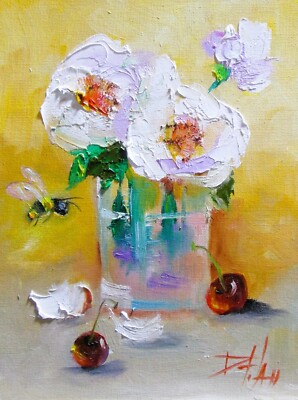 Floral Still Life nd Cherries by Delilah 10 x8 oil painting original