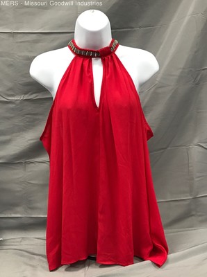 Bold Elements Jalapeno Red Sleeveless Embellished V Neck Halter Blouse - Size L