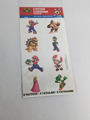 Super Mario Sheet of 8 Temporary Tattoo Squares, New & Sealed