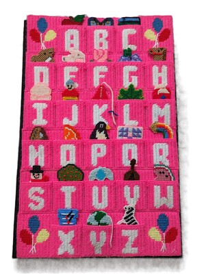 VTG Handmade Needlepoint Interactive Pink Alphabet Wall Hanging Learning Center