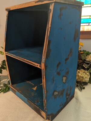 Vtg Pinewood Farmhouse Country Cabinet Cupboard Shelf Primitive End Table Blue