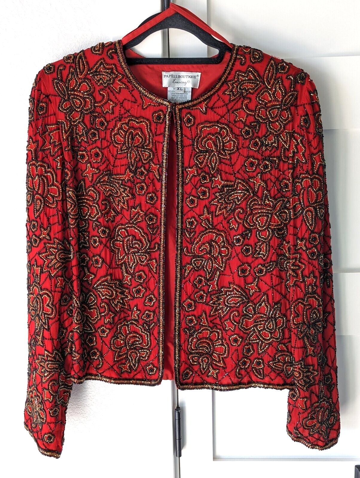 RARE Papell Boutique Evening Beaded Jacket - Size XL - Red Silk 90s Vintage