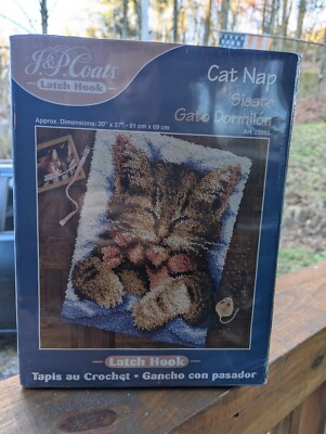 J&P Coats Cat Nap Siesta Gato Dormilon Latch Hook 20''×27'' Kit Started