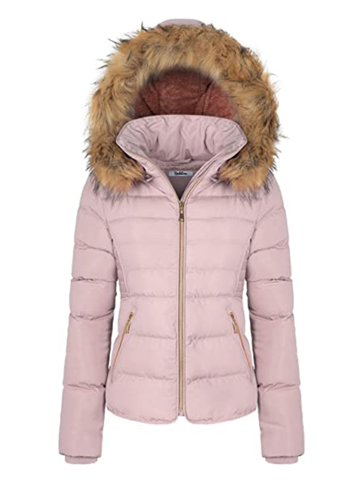 Women Winter Quilted Puffer Coat Fleece Lined Warm Jacket with Faux Fur Hood