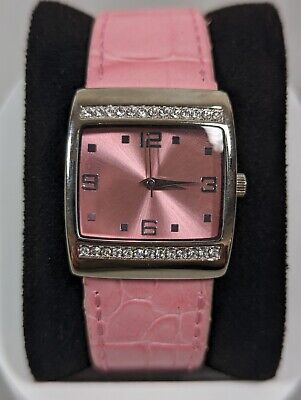 Mary Kay Womans Pink Dial Crystal Accent Silver Tone Case Pink Band Watch 7.5 in