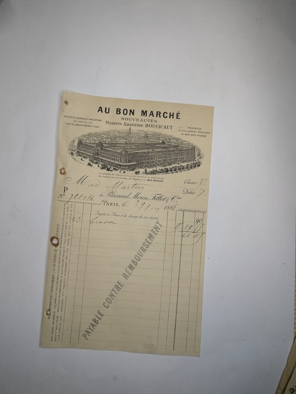 Facture Au Bon Marche Boucicaut 1888
